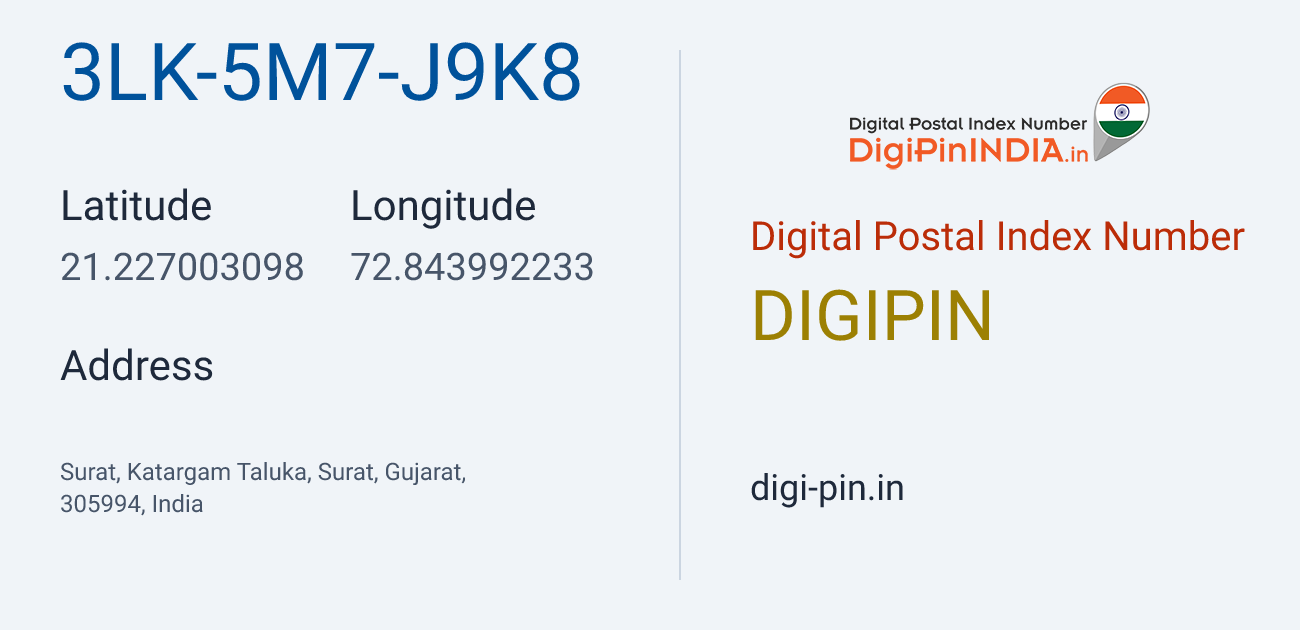 DigiPin 3LK-5M7-J9K8 location map showing coordinates 21.227003, 72.843992