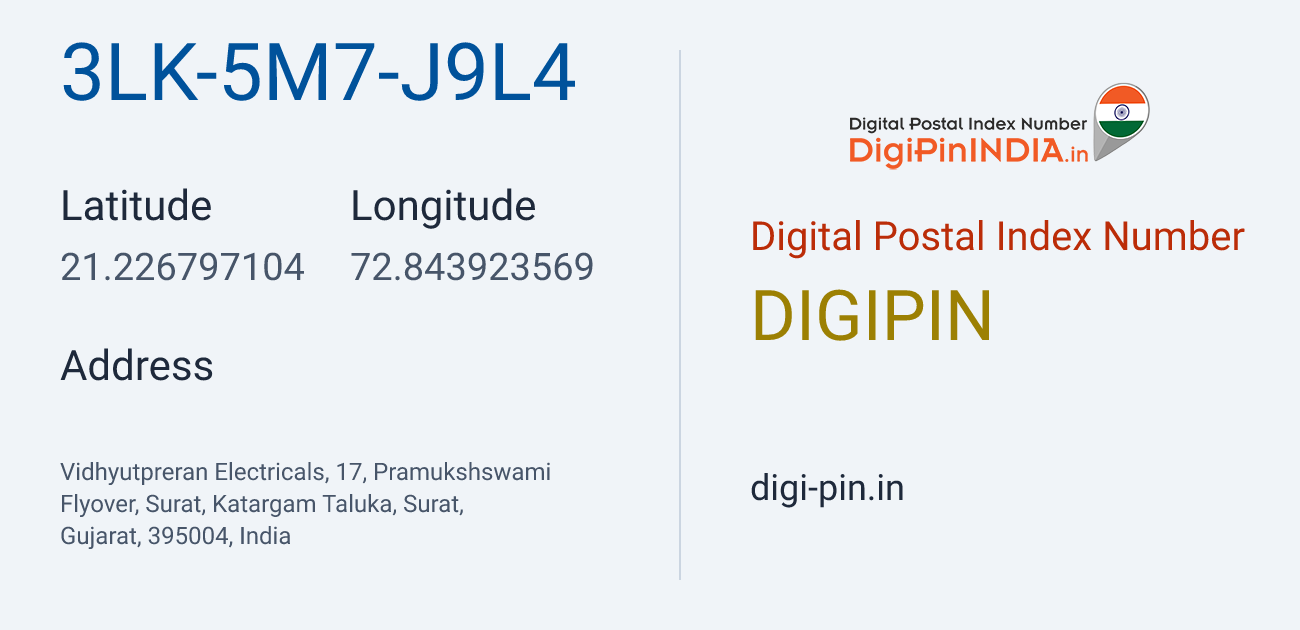 DigiPin 3LK-5M7-J9L4 location map showing coordinates 21.226797, 72.843924