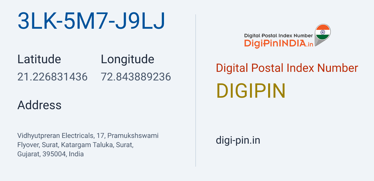 DigiPin 3LK-5M7-J9LJ location map showing coordinates 21.226831, 72.843889