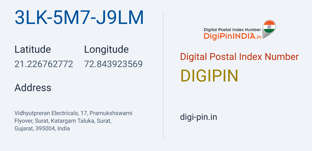 DigiPin 3LK-5M7-J9LM location map showing coordinates 21.226763, 72.843924