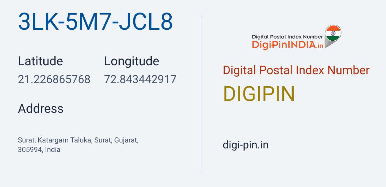 DigiPin 3LK-5M7-JCL8 location map showing coordinates 21.226866, 72.843443