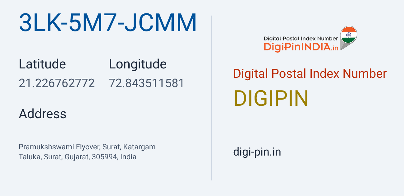 DigiPin 3LK-5M7-JCMM location map showing coordinates 21.226763, 72.843512
