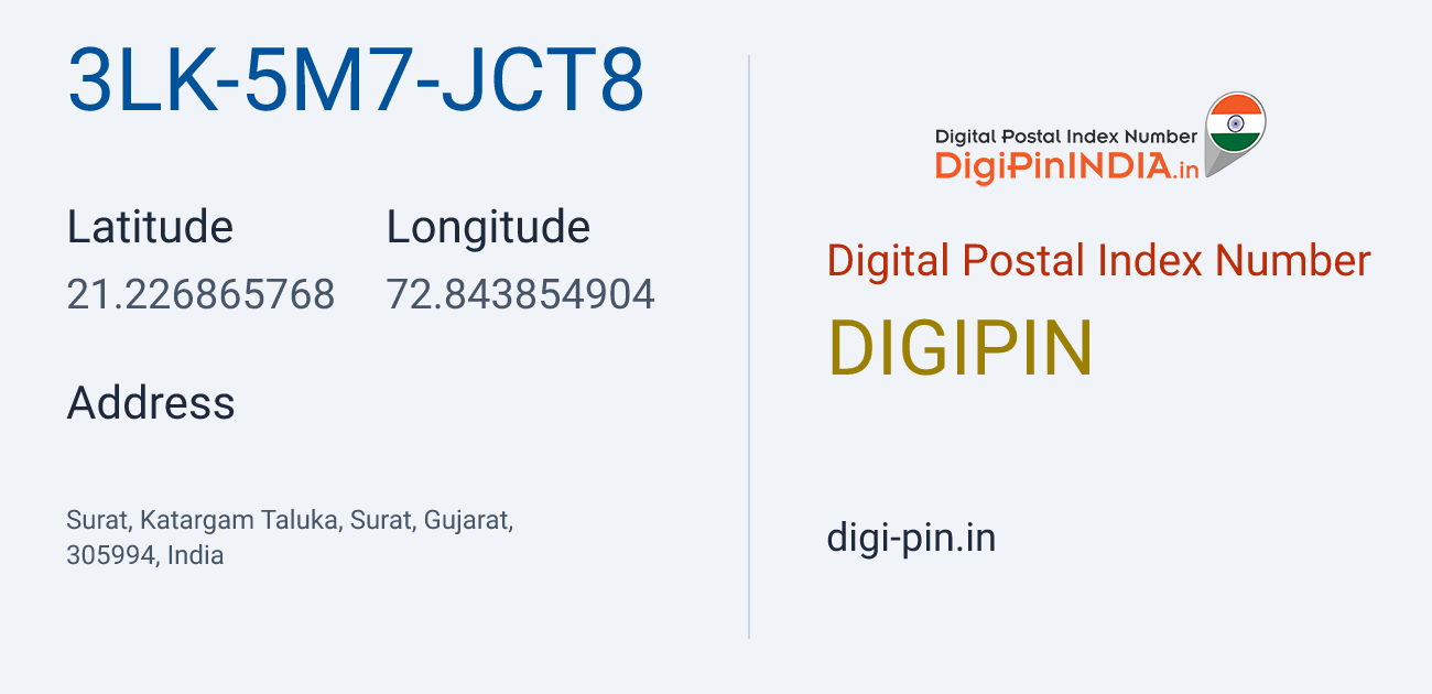 DigiPin 3LK-5M7-JCT8 location map showing coordinates 21.226866, 72.843855