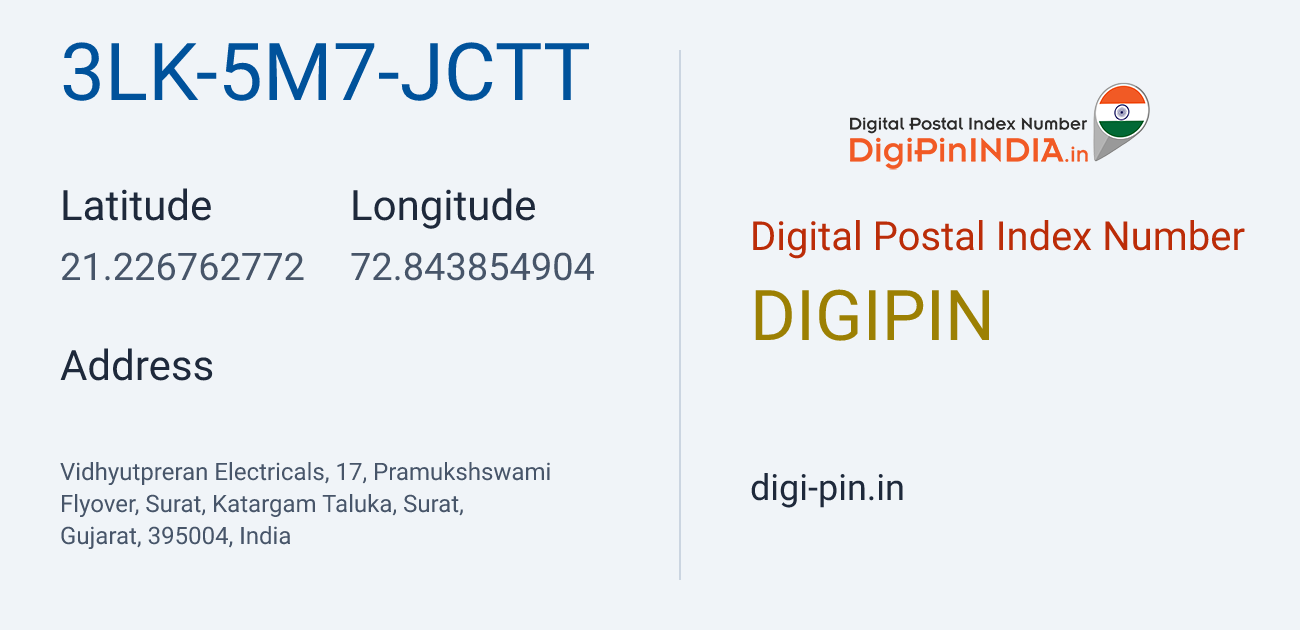 DigiPin 3LK-5M7-JCTT location map showing coordinates 21.226763, 72.843855