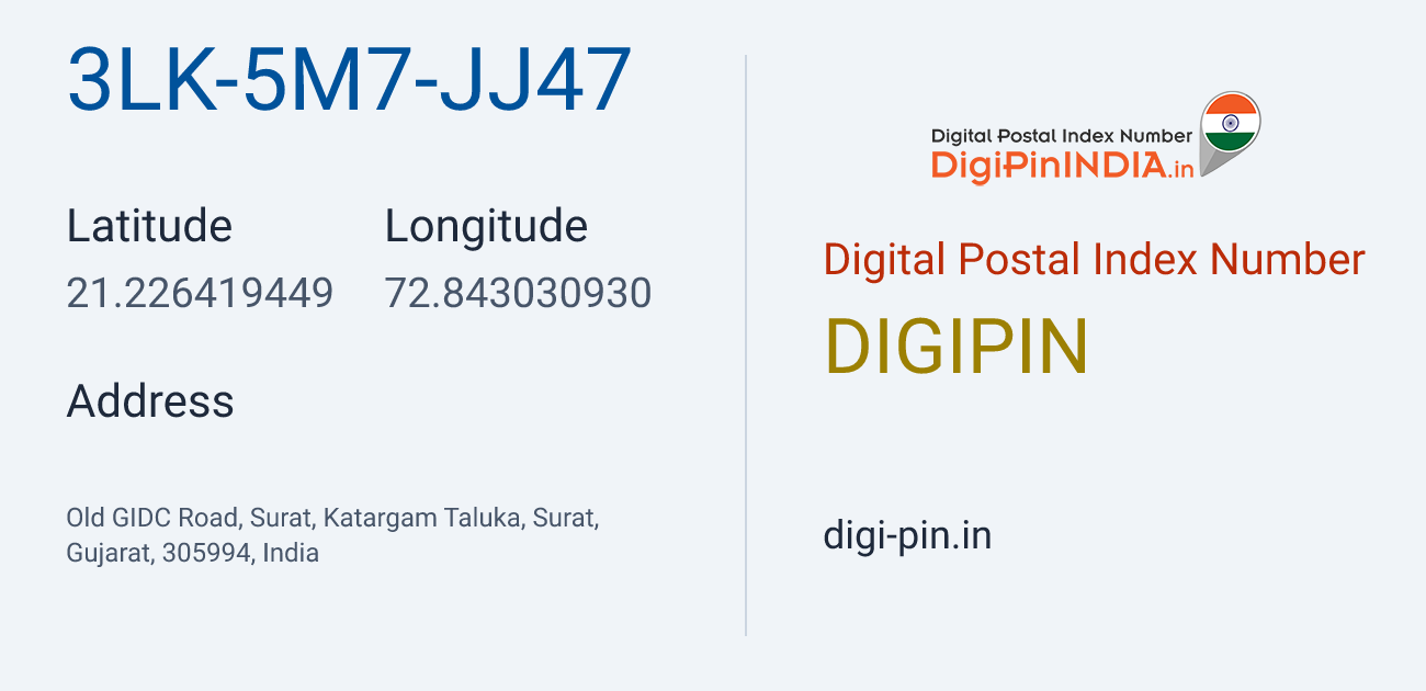 DigiPin 3LK-5M7-JJ47 location map showing coordinates 21.226419, 72.843031
