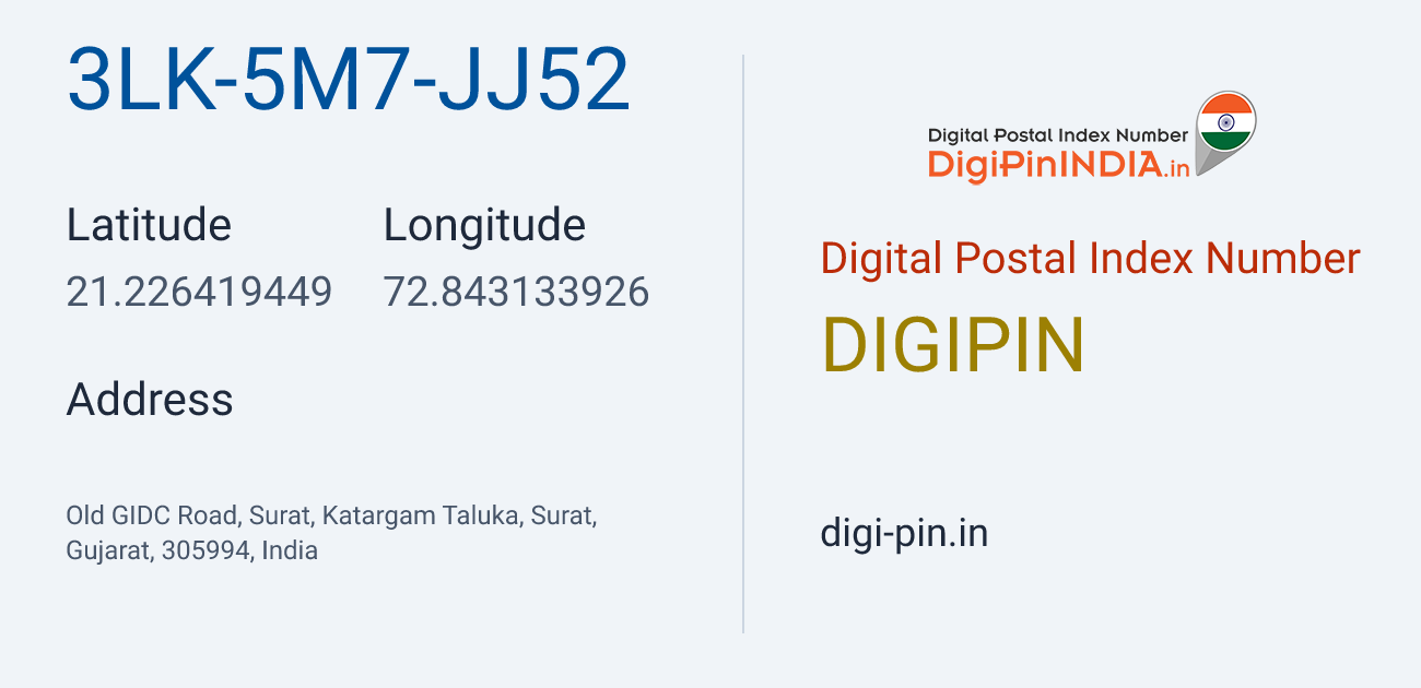 DigiPin 3LK-5M7-JJ52 location map showing coordinates 21.226419, 72.843134