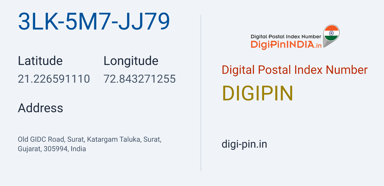 DigiPin 3LK-5M7-JJ79 location map showing coordinates 21.226591, 72.843271