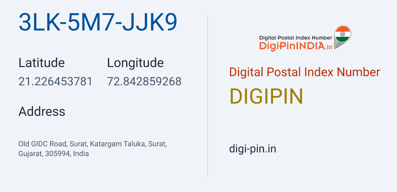 DigiPin 3LK-5M7-JJK9 location map showing coordinates 21.226454, 72.842859