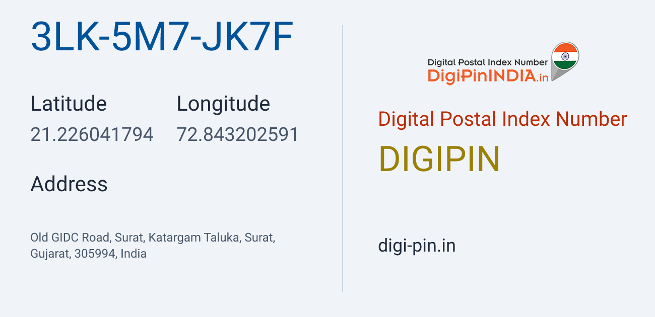 DigiPin 3LK-5M7-JK7F location map showing coordinates 21.226042, 72.843203