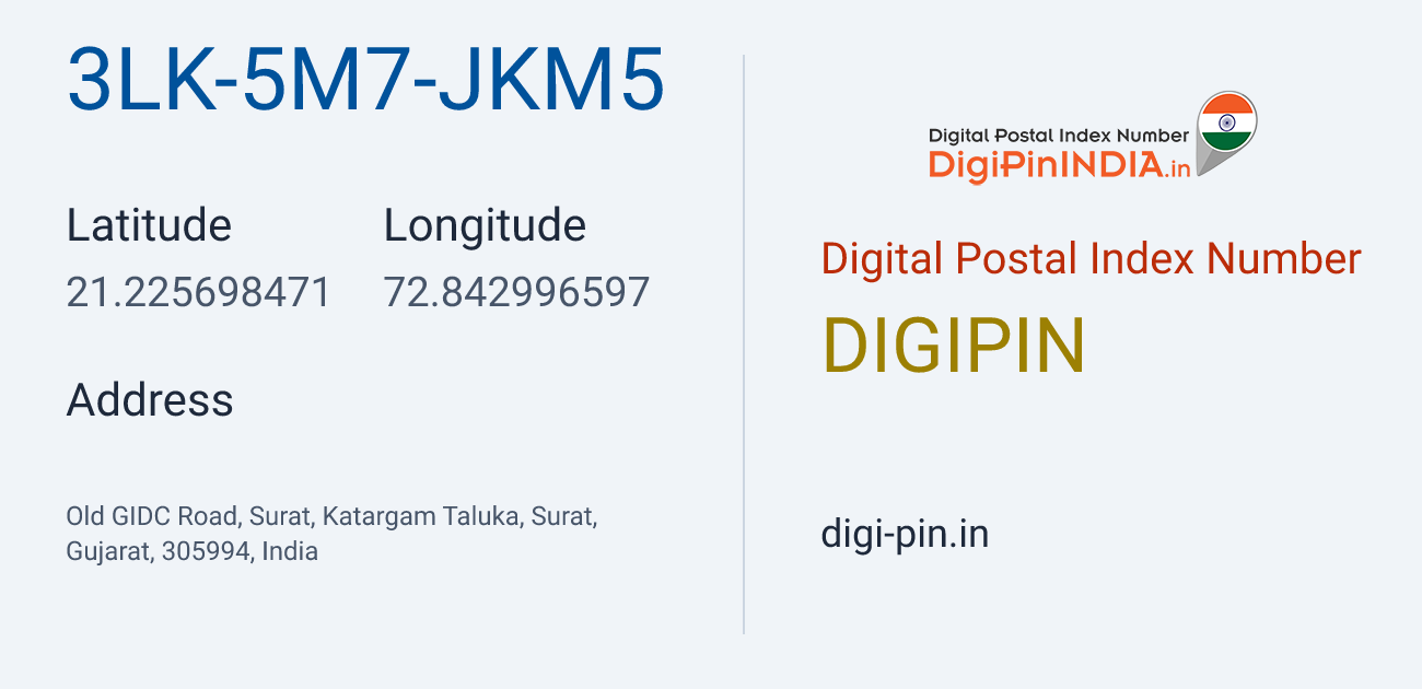 DigiPin 3LK-5M7-JKM5 location map showing coordinates 21.225698, 72.842997