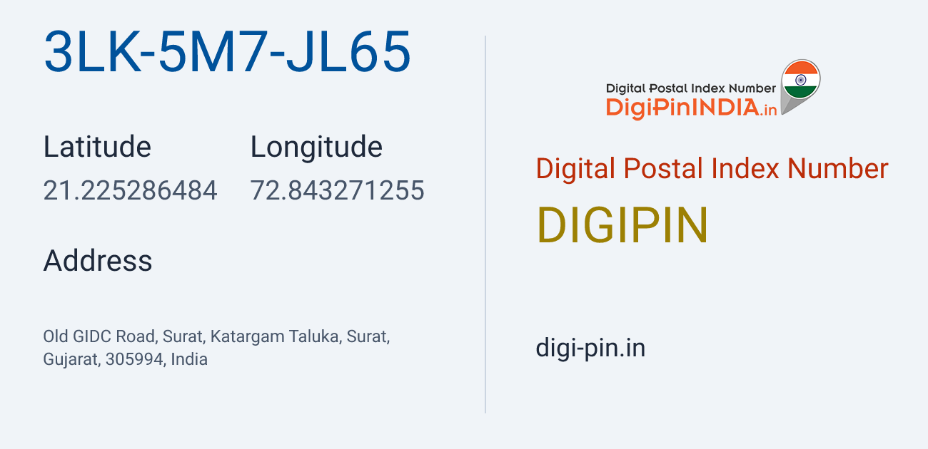 DigiPin 3LK-5M7-JL65 location map showing coordinates 21.225286, 72.843271