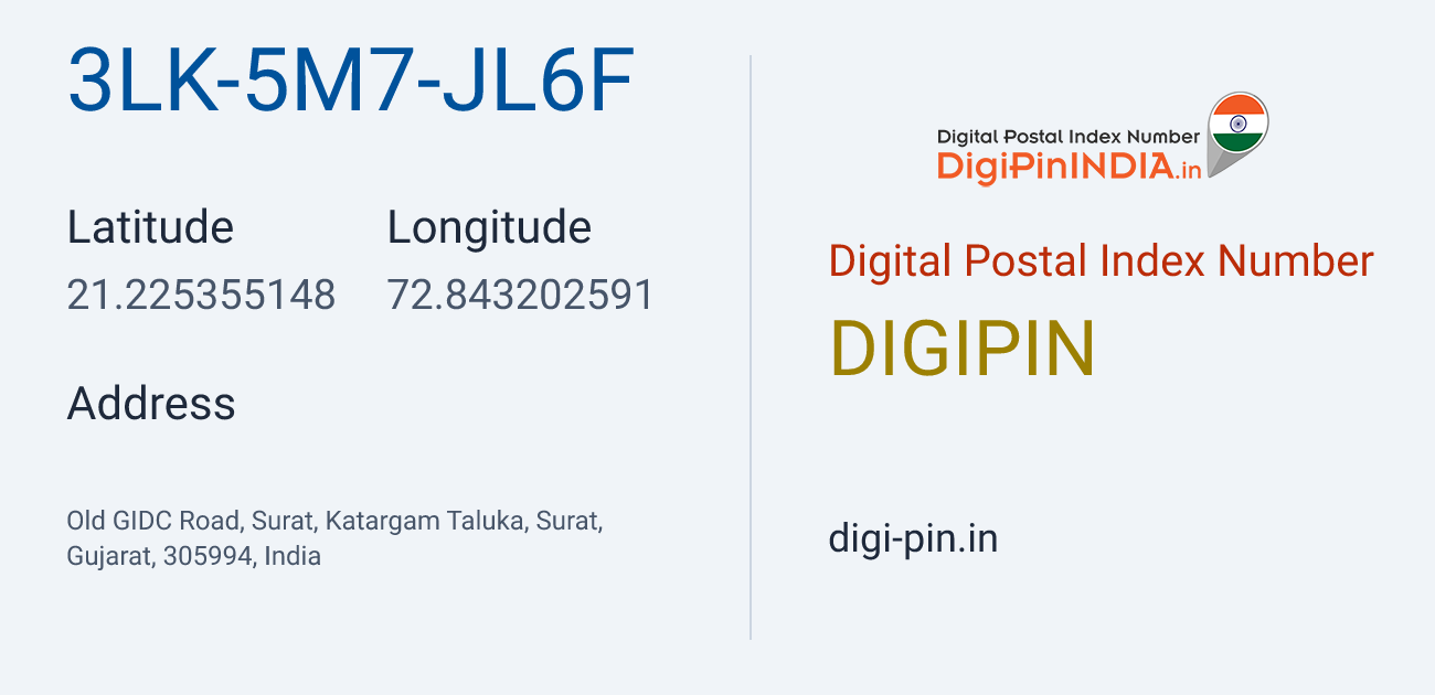 DigiPin 3LK-5M7-JL6F location map showing coordinates 21.225355, 72.843203