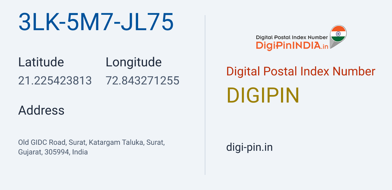 DigiPin 3LK-5M7-JL75 location map showing coordinates 21.225424, 72.843271