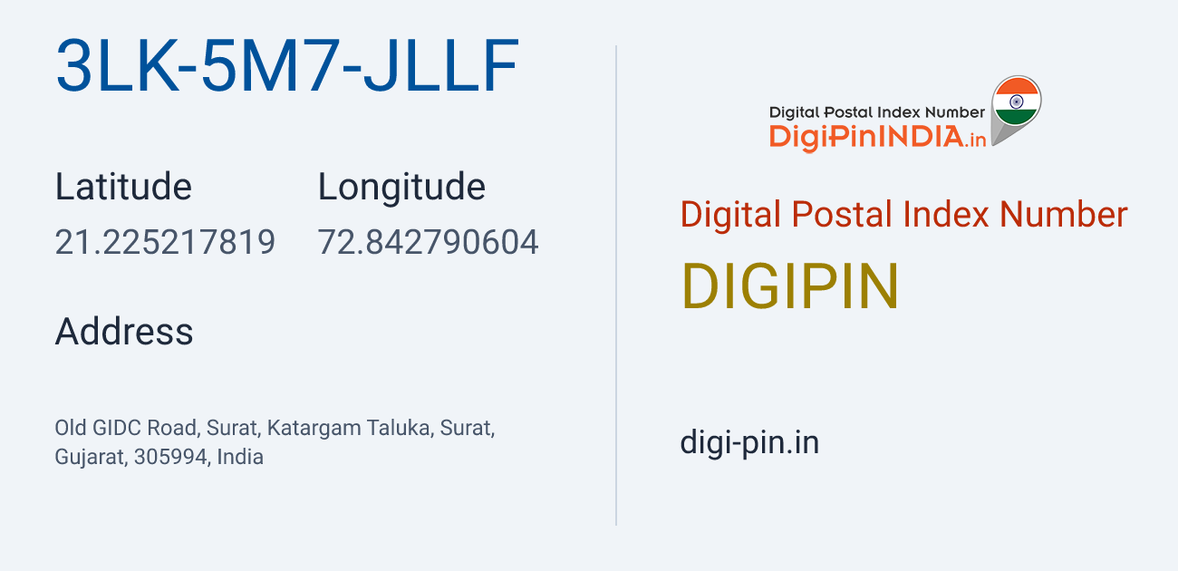 DigiPin 3LK-5M7-JLLF location map showing coordinates 21.225218, 72.842791