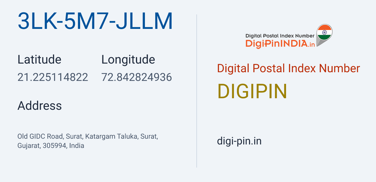 DigiPin 3LK-5M7-JLLM location map showing coordinates 21.225115, 72.842825