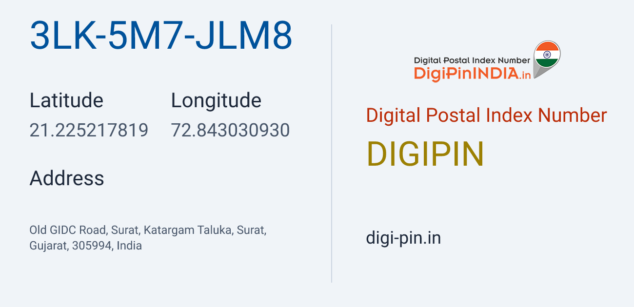 DigiPin 3LK-5M7-JLM8 location map showing coordinates 21.225218, 72.843031