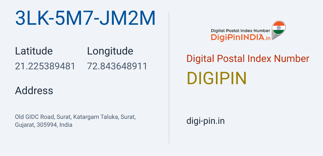 DigiPin 3LK-5M7-JM2M location map showing coordinates 21.225389, 72.843649