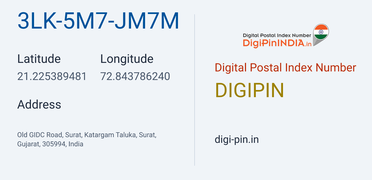 DigiPin 3LK-5M7-JM7M location map showing coordinates 21.225389, 72.843786
