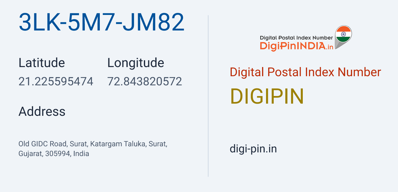 DigiPin 3LK-5M7-JM82 location map showing coordinates 21.225595, 72.843821