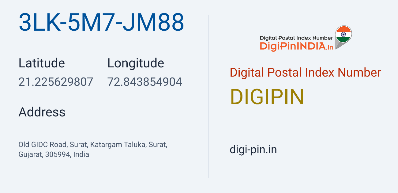 DigiPin 3LK-5M7-JM88 location map showing coordinates 21.225630, 72.843855