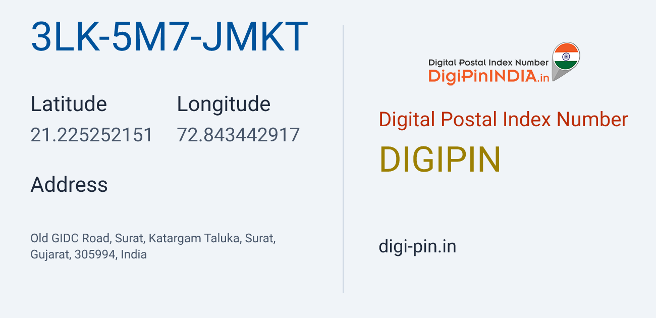 DigiPin 3LK-5M7-JMKT location map showing coordinates 21.225252, 72.843443