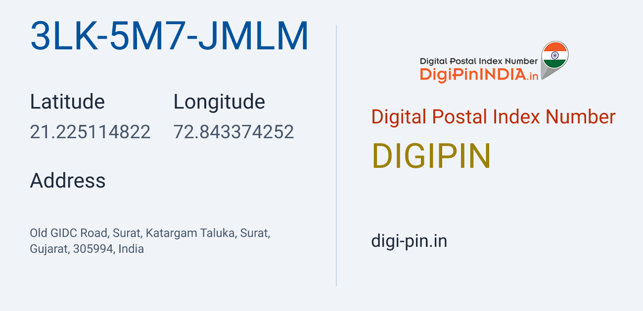 DigiPin 3LK-5M7-JMLM location map showing coordinates 21.225115, 72.843374