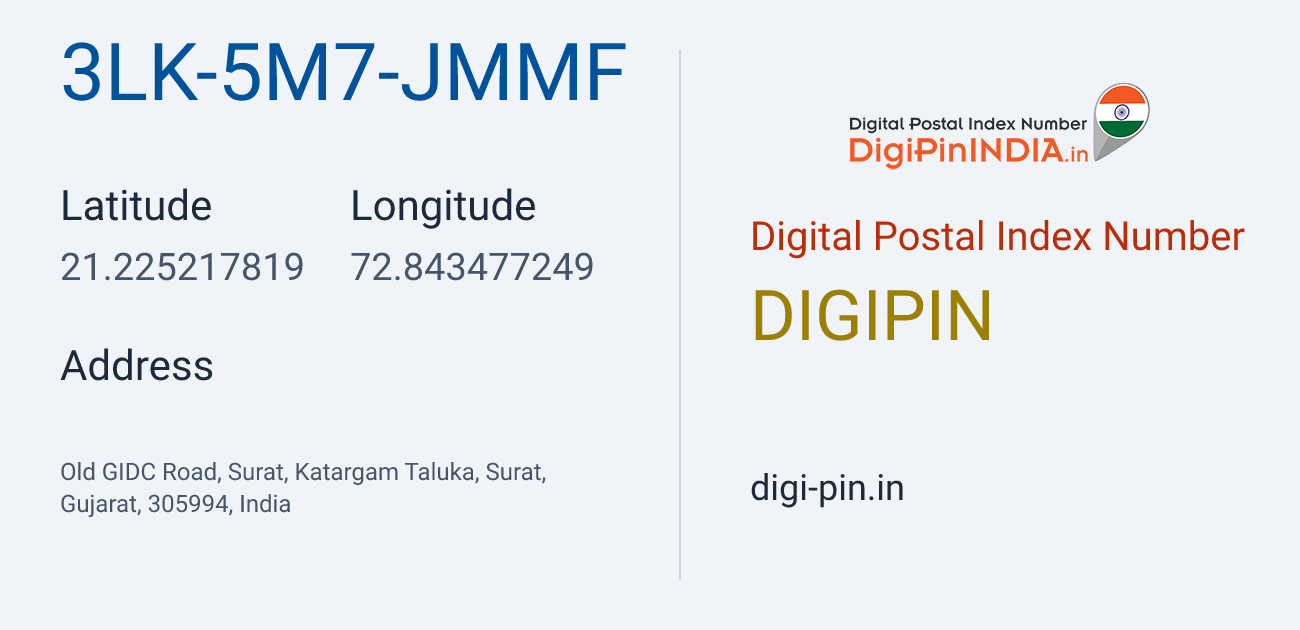 DigiPin 3LK-5M7-JMMF location map showing coordinates 21.225218, 72.843477