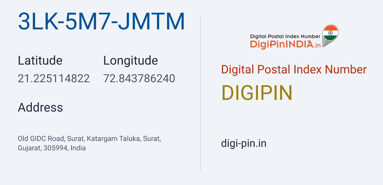DigiPin 3LK-5M7-JMTM location map showing coordinates 21.225115, 72.843786