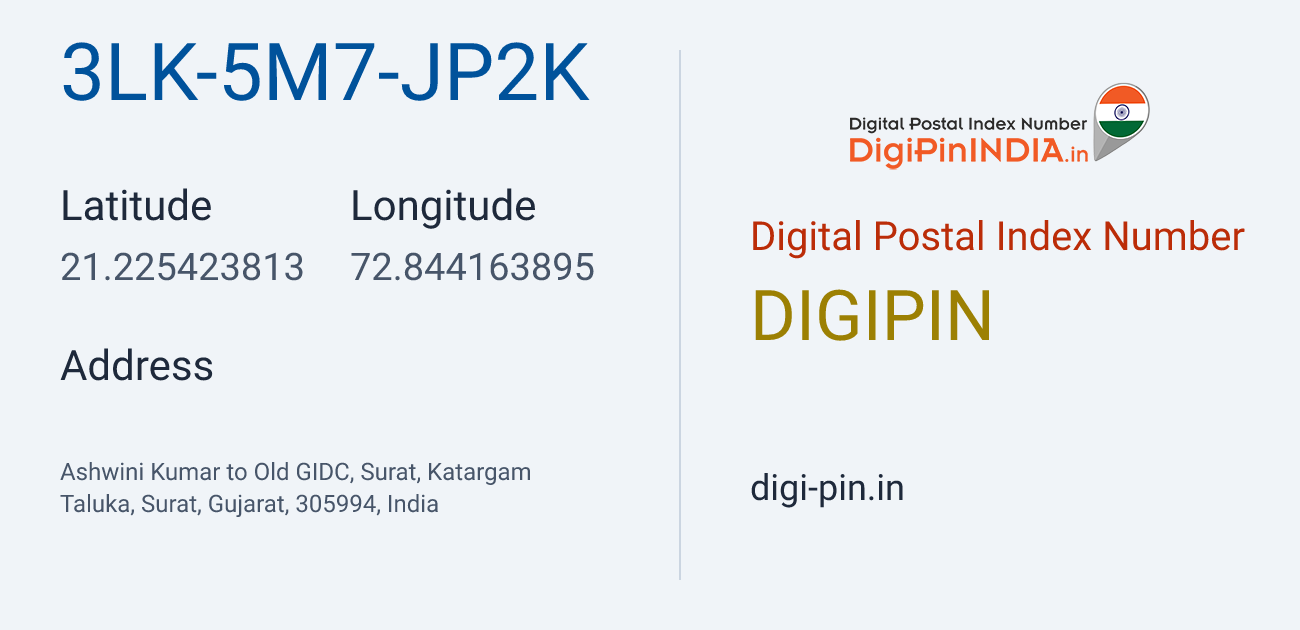 DigiPin 3LK-5M7-JP2K location map showing coordinates 21.225424, 72.844164