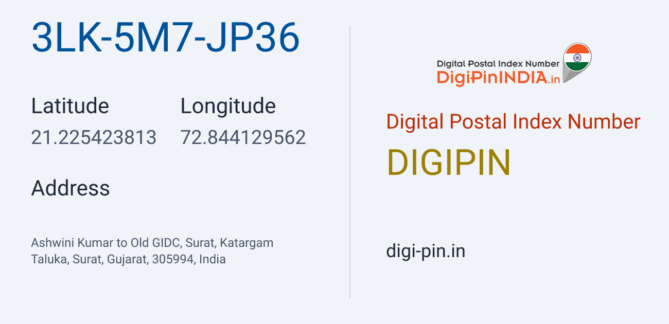 DigiPin 3LK-5M7-JP36 location map showing coordinates 21.225424, 72.844130