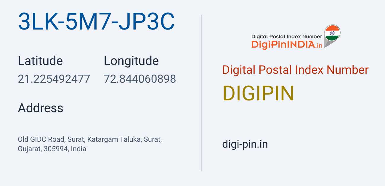 DigiPin 3LK-5M7-JP3C location map showing coordinates 21.225492, 72.844061
