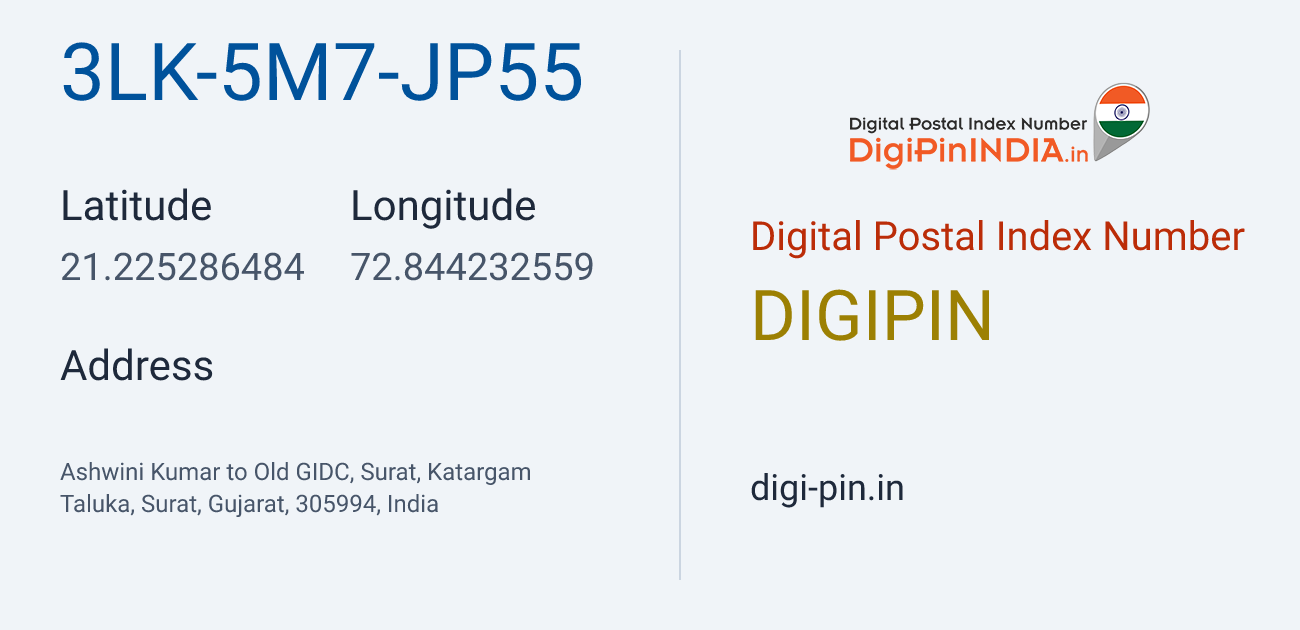 DigiPin 3LK-5M7-JP55 location map showing coordinates 21.225286, 72.844233