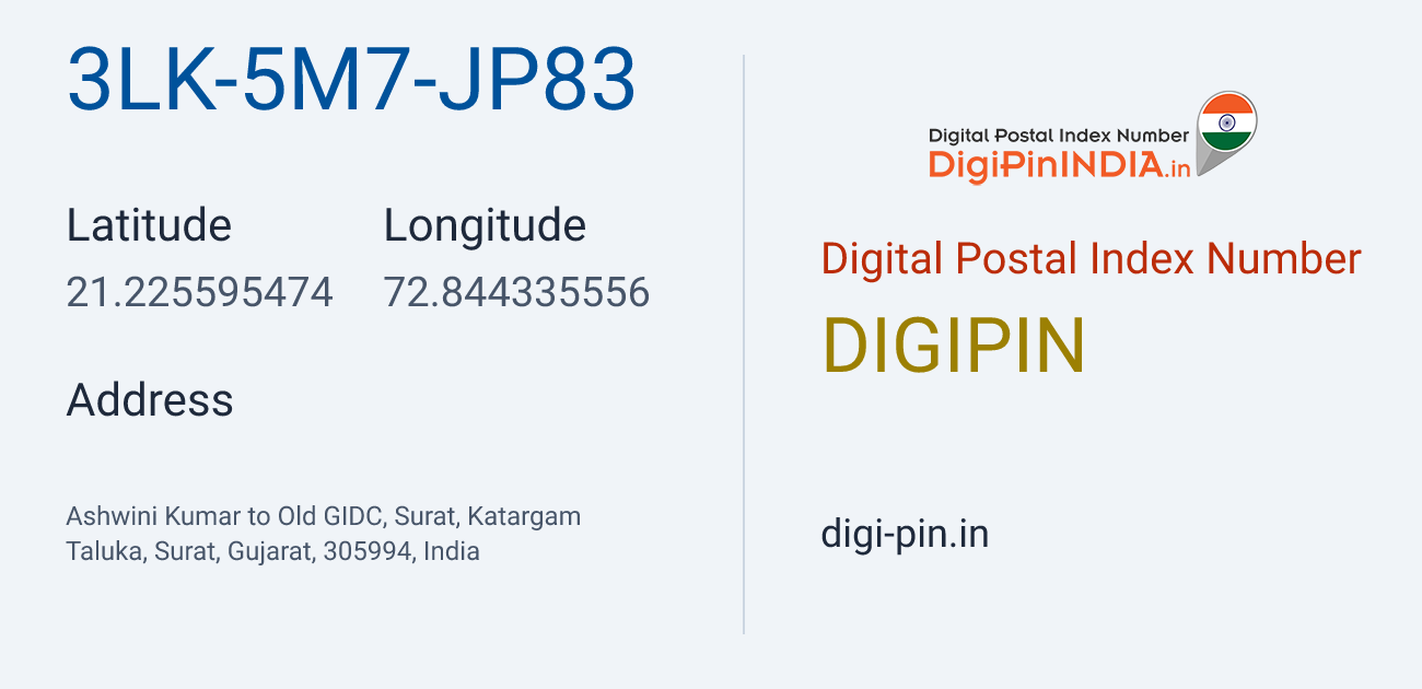 DigiPin 3LK-5M7-JP83 location map showing coordinates 21.225595, 72.844336