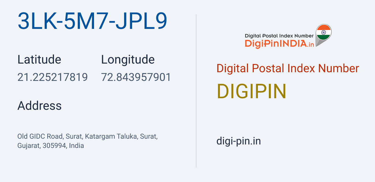 DigiPin 3LK-5M7-JPL9 location map showing coordinates 21.225218, 72.843958