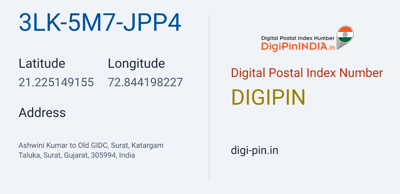 DigiPin 3LK-5M7-JPP4 location map showing coordinates 21.225149, 72.844198