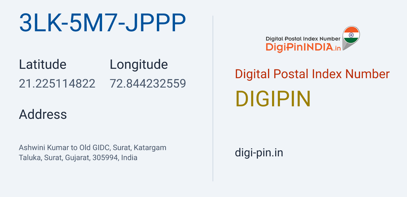 DigiPin 3LK-5M7-JPPP location map showing coordinates 21.225115, 72.844233