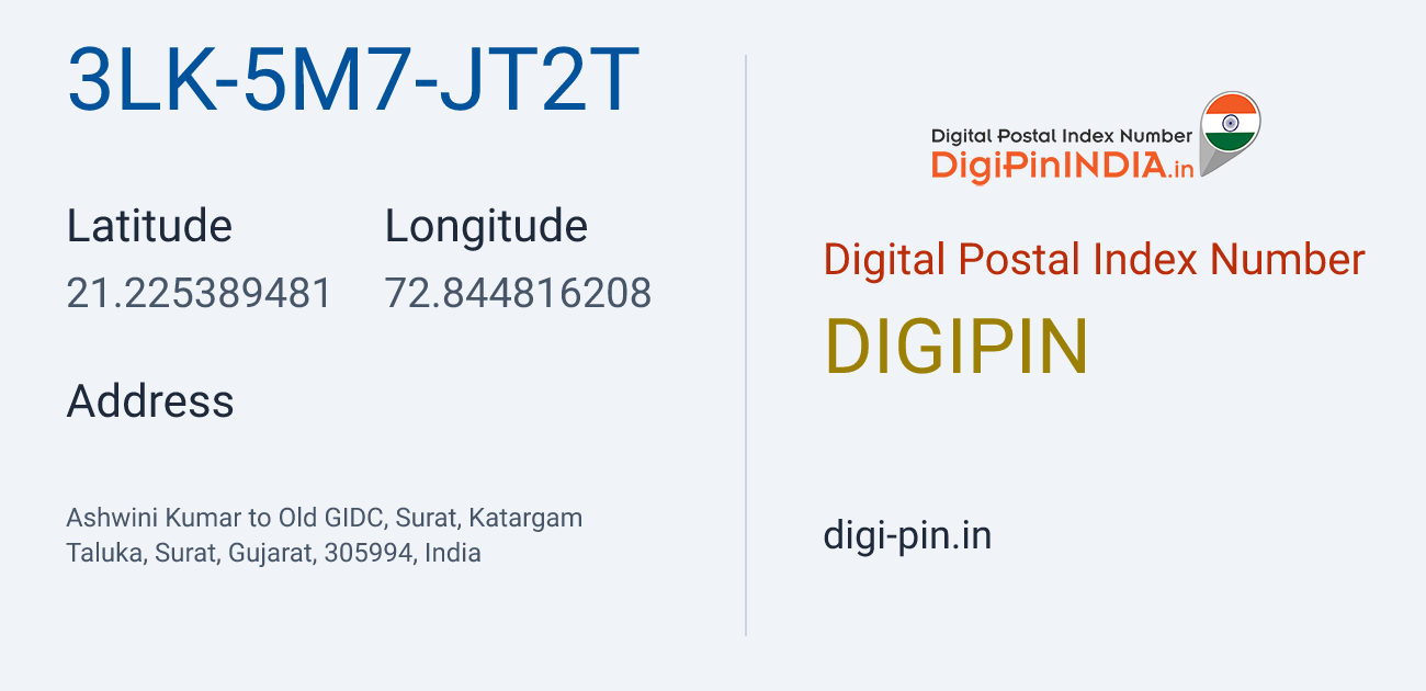 DigiPin 3LK-5M7-JT2T location map showing coordinates 21.225389, 72.844816