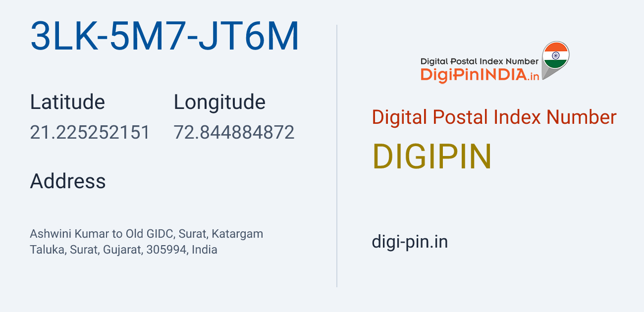 DigiPin 3LK-5M7-JT6M location map showing coordinates 21.225252, 72.844885