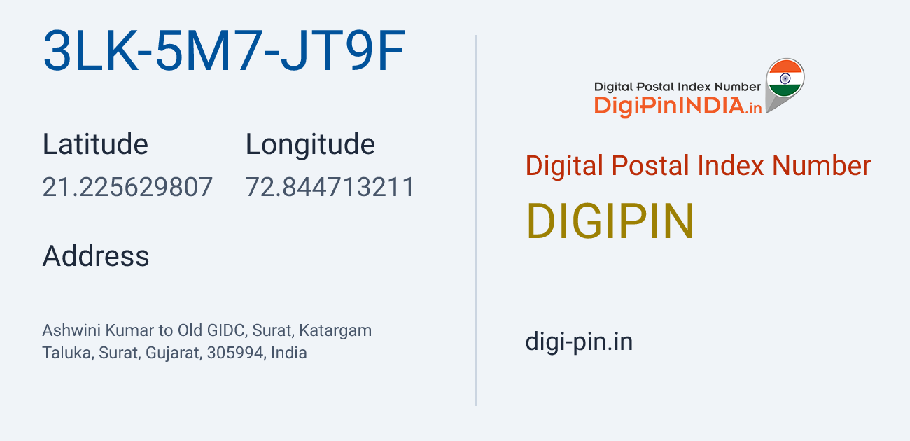 DigiPin 3LK-5M7-JT9F location map showing coordinates 21.225630, 72.844713