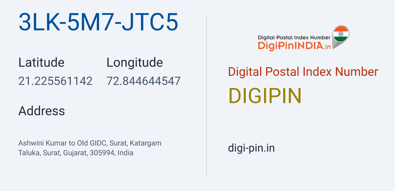 DigiPin 3LK-5M7-JTC5 location map showing coordinates 21.225561, 72.844645