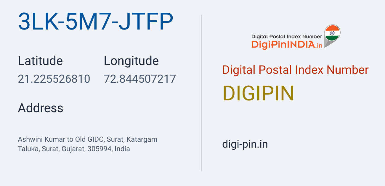 DigiPin 3LK-5M7-JTFP location map showing coordinates 21.225527, 72.844507