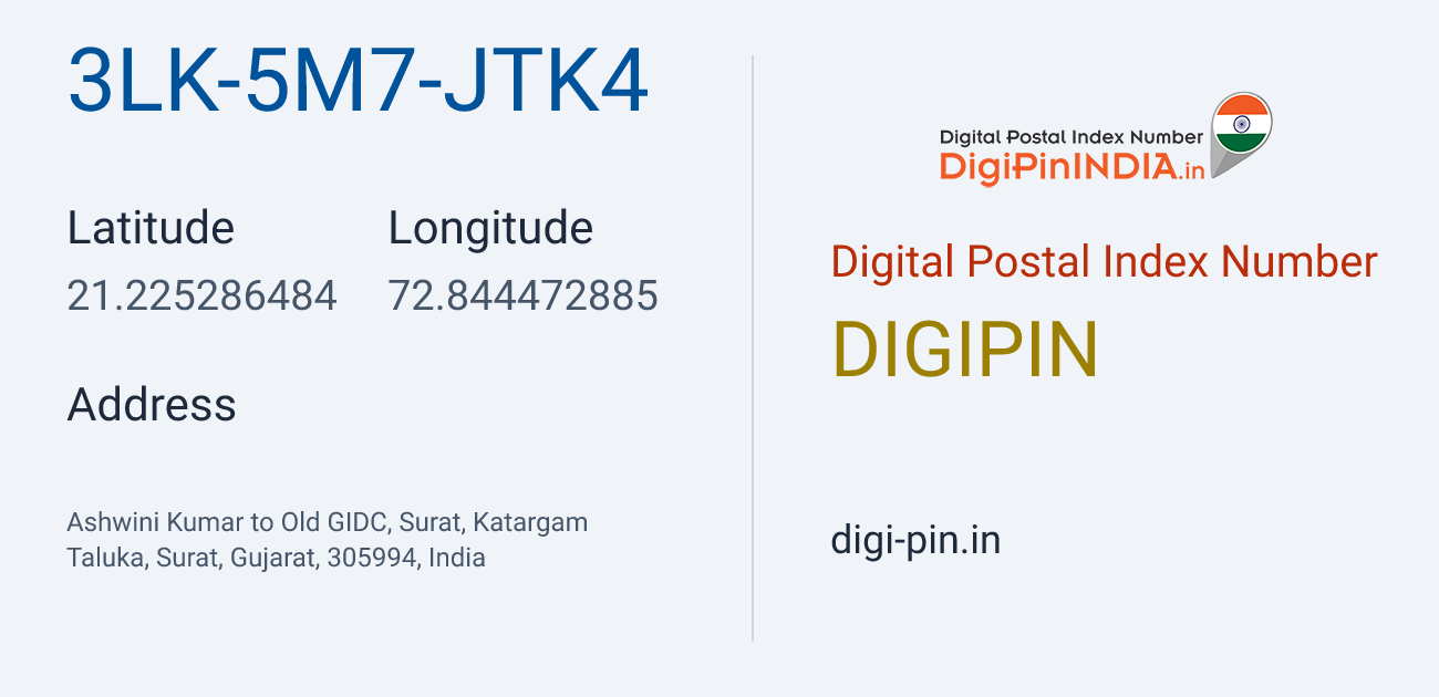 DigiPin 3LK-5M7-JTK4 location map showing coordinates 21.225286, 72.844473