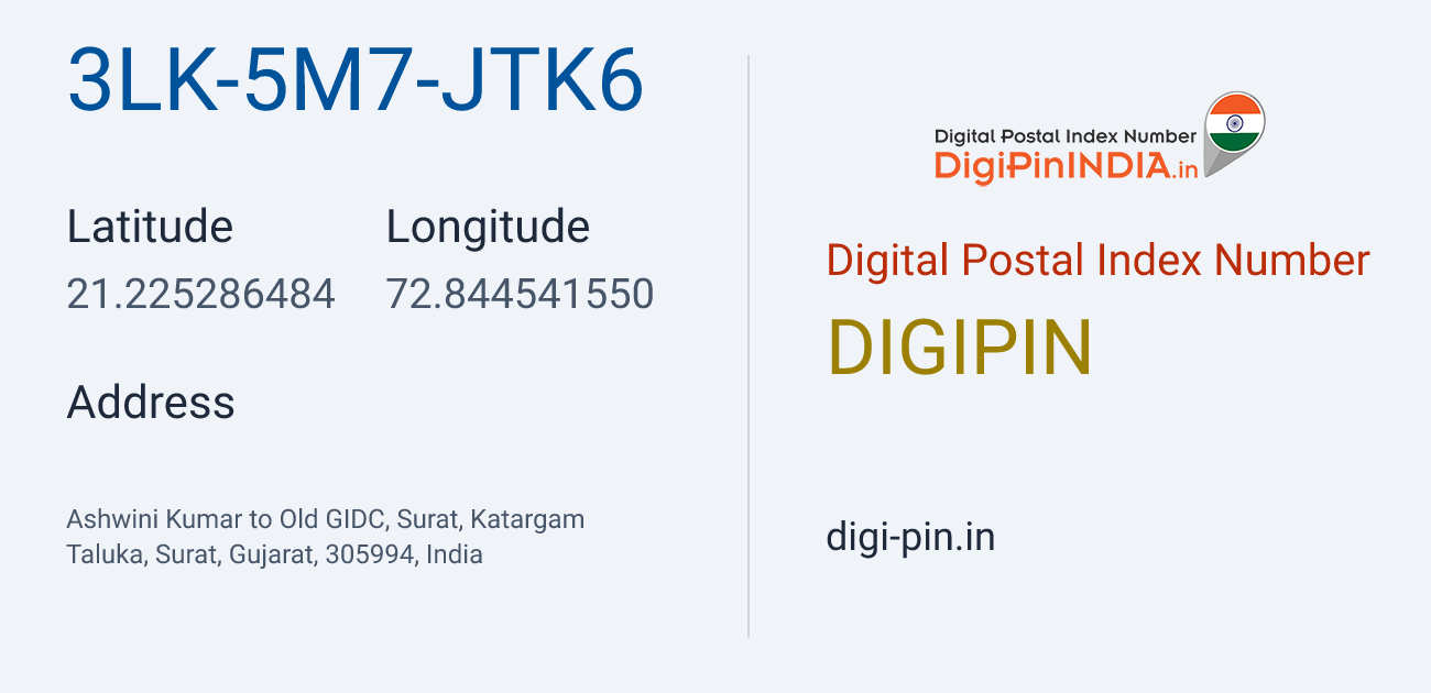 DigiPin 3LK-5M7-JTK6 location map showing coordinates 21.225286, 72.844542