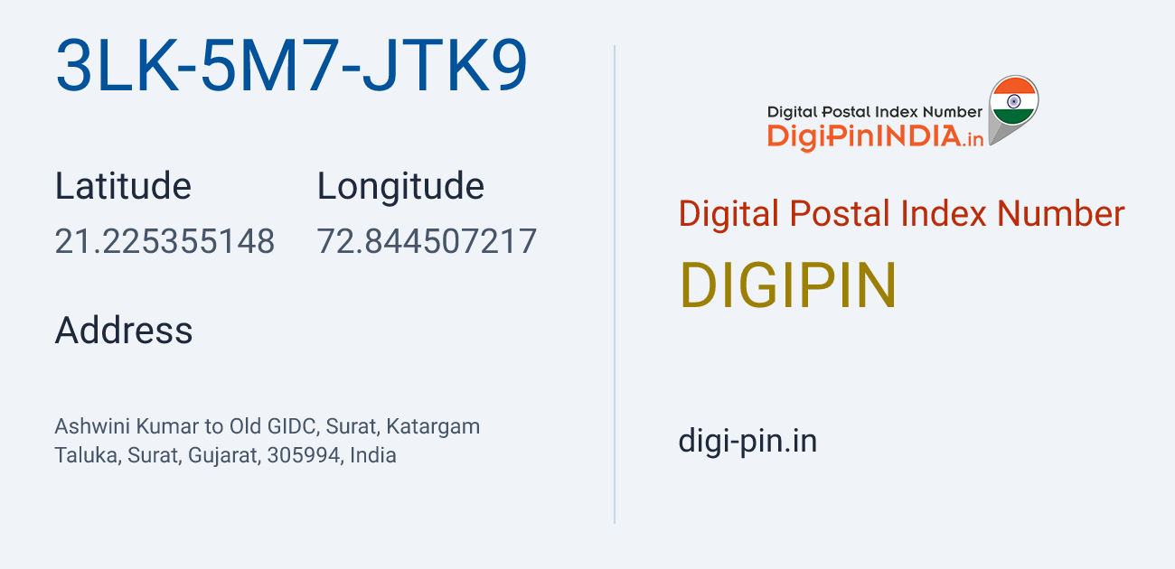 DigiPin 3LK-5M7-JTK9 location map showing coordinates 21.225355, 72.844507