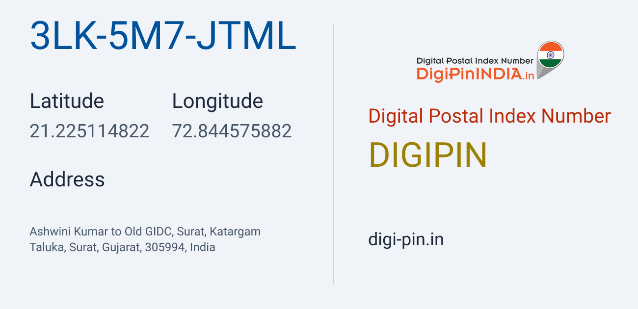 DigiPin 3LK-5M7-JTML location map showing coordinates 21.225115, 72.844576