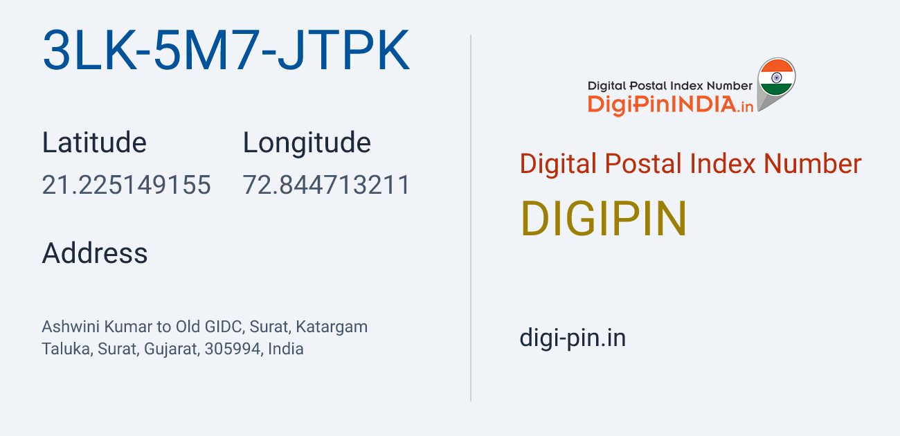 DigiPin 3LK-5M7-JTPK location map showing coordinates 21.225149, 72.844713