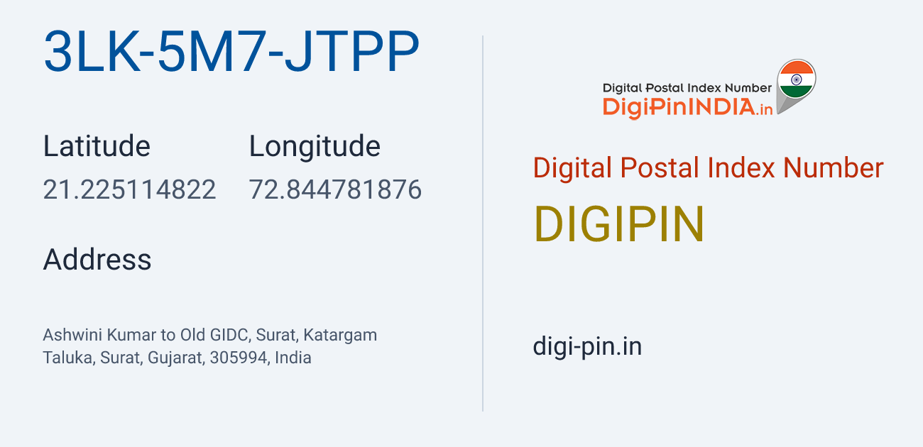 DigiPin 3LK-5M7-JTPP location map showing coordinates 21.225115, 72.844782