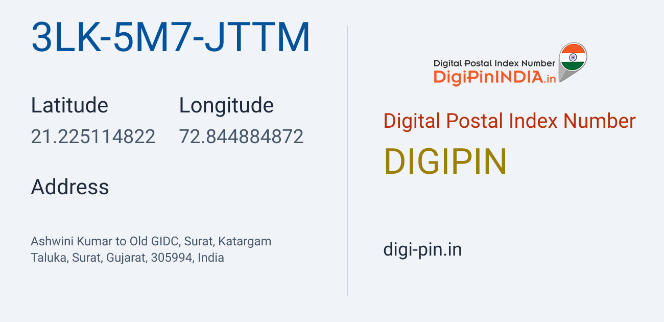 DigiPin 3LK-5M7-JTTM location map showing coordinates 21.225115, 72.844885