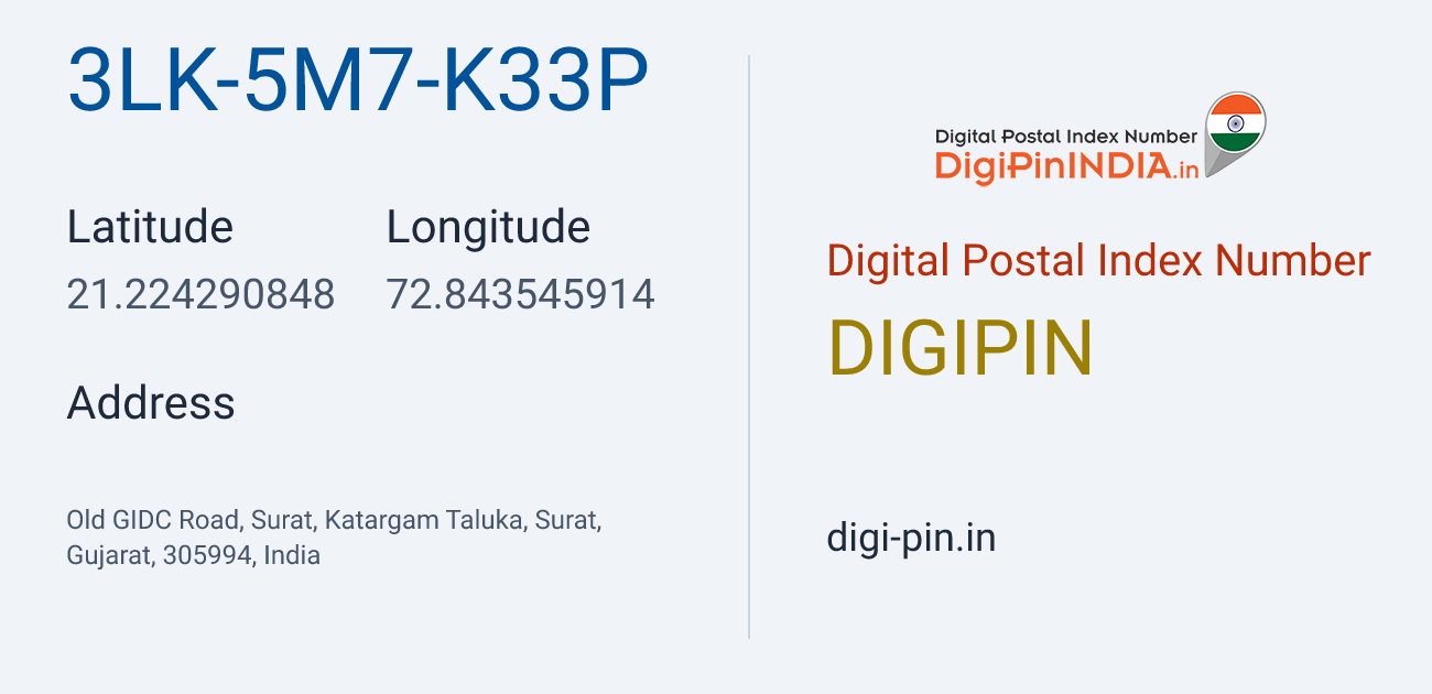 DigiPin 3LK-5M7-K33P location map showing coordinates 21.224291, 72.843546