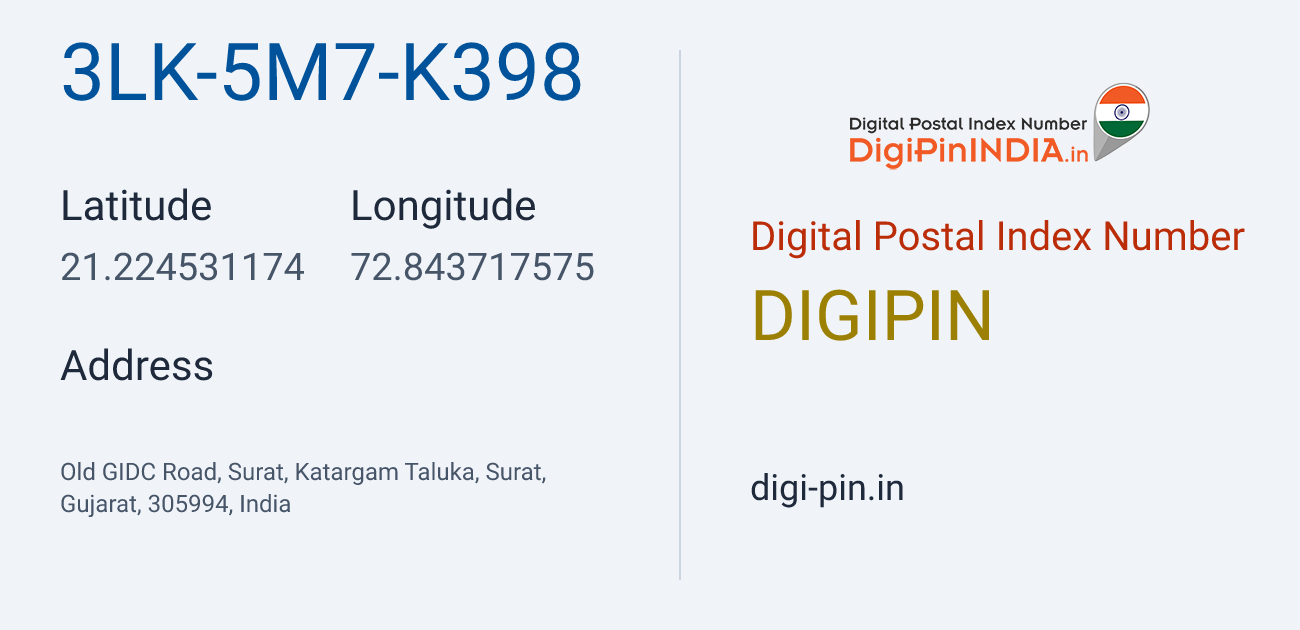 DigiPin 3LK-5M7-K398 location map showing coordinates 21.224531, 72.843718